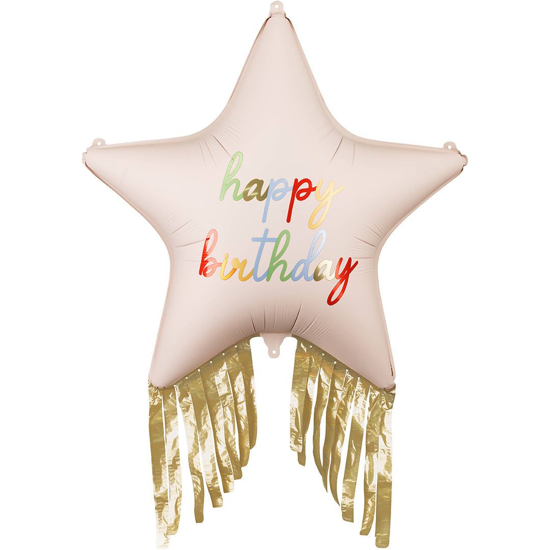 Partydeco beige ster folieballon met kleurrijke 'happy birthday' opdruk en gouden franjes.