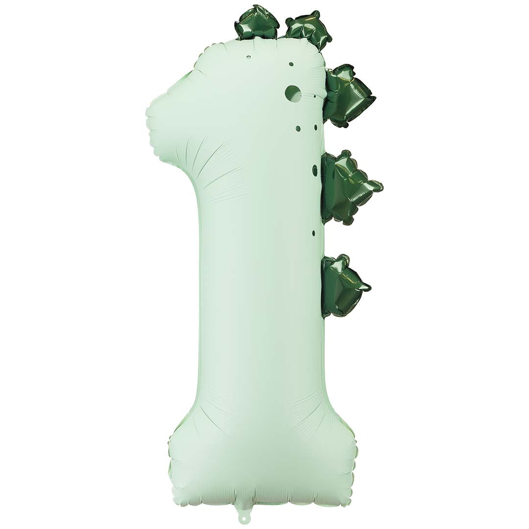 Partydeco groene cijferballon '1' met dinosaurusstekels.