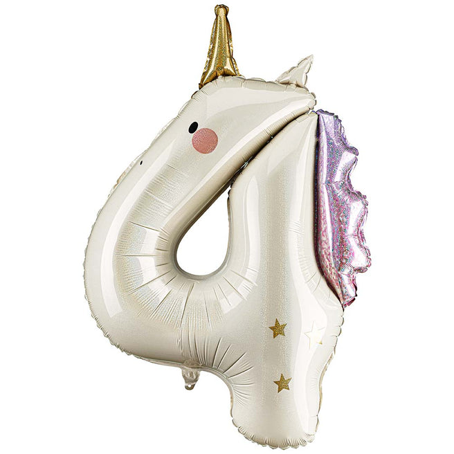 Partydeco eenhoorn cijferballon 4 in beige met gouden hoorn en roze manen.