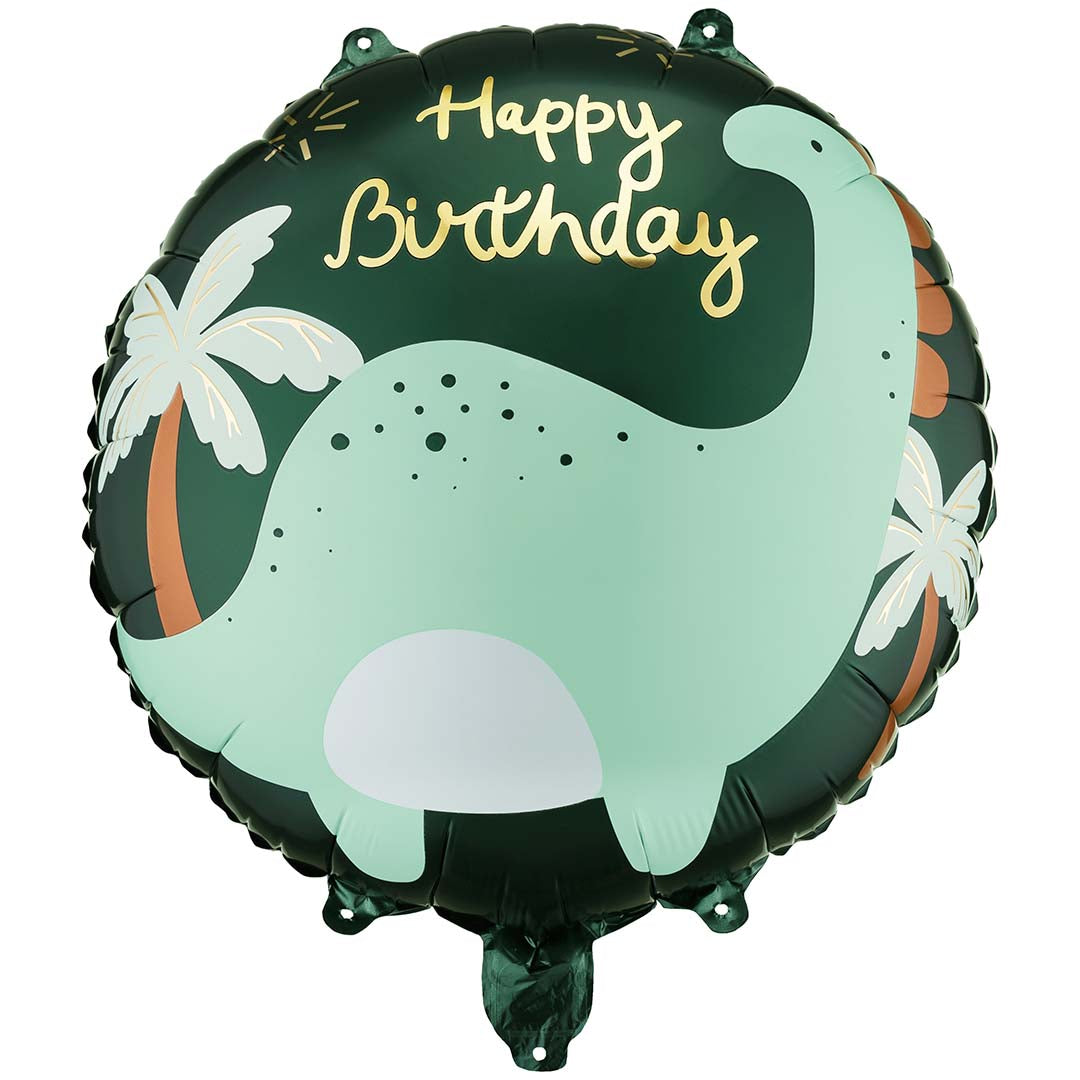 Partydeco ronde folieballon met een groene brontosaurus, palmboompjes en de tekst 'Happy Birthday'.