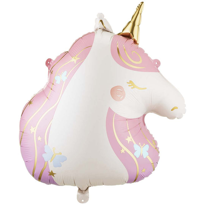 Partydeco roze en witte folieballon in de vorm van een eenhoornhoofd met gouden hoorn en sterren.