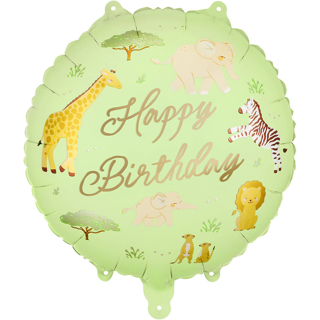 partydeco ronde folieballon met 'Happy Birthday' tekst en safari dieren.
