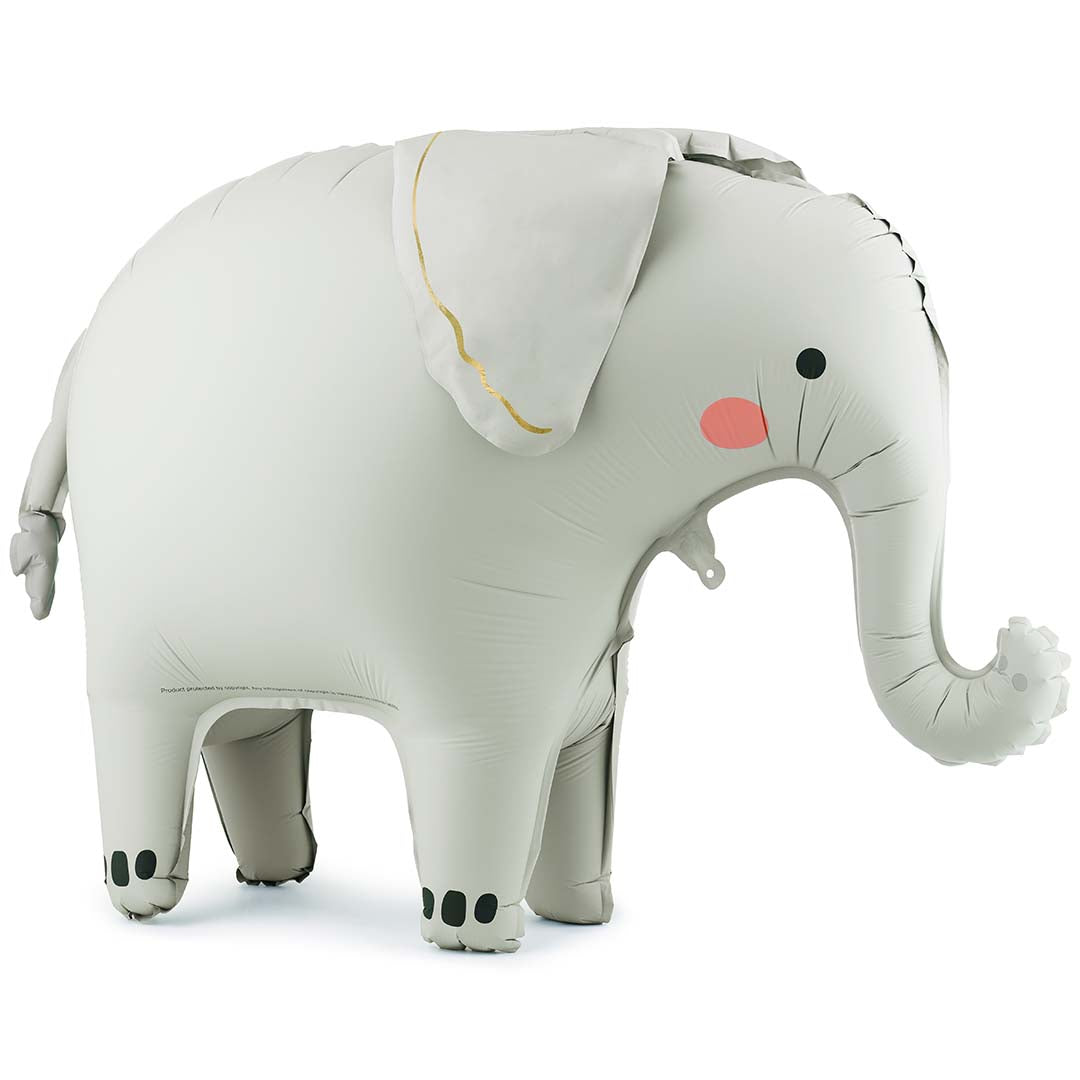 Partydeco folieballon in de vorm van een grijze olifant met gouden oren en roze wangen.