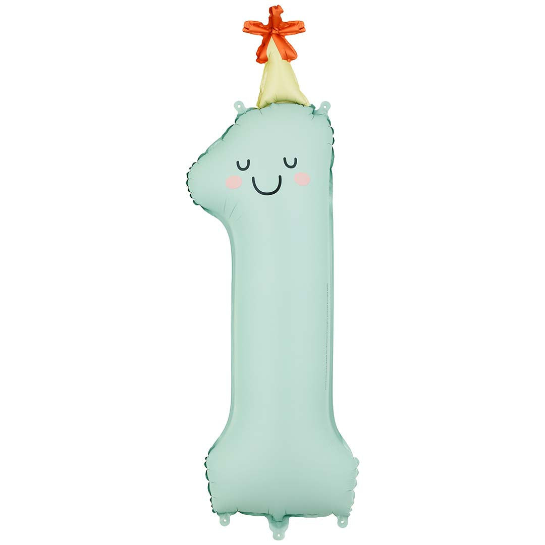Partydeco mintgroene cijferballon in de vorm van een 1 met een vrolijk gezichtje en een feesthoedje.
