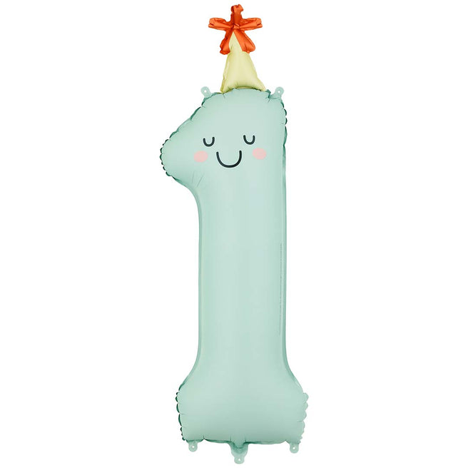 Partydeco mintgroene cijferballon in de vorm van een 1 met een vrolijk gezichtje en een feesthoedje.