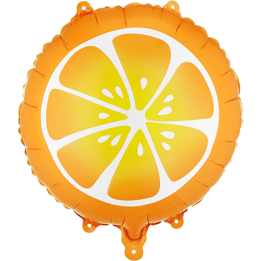 Partydeco folieballon in de vorm van een ronde sinaasappelschijf.