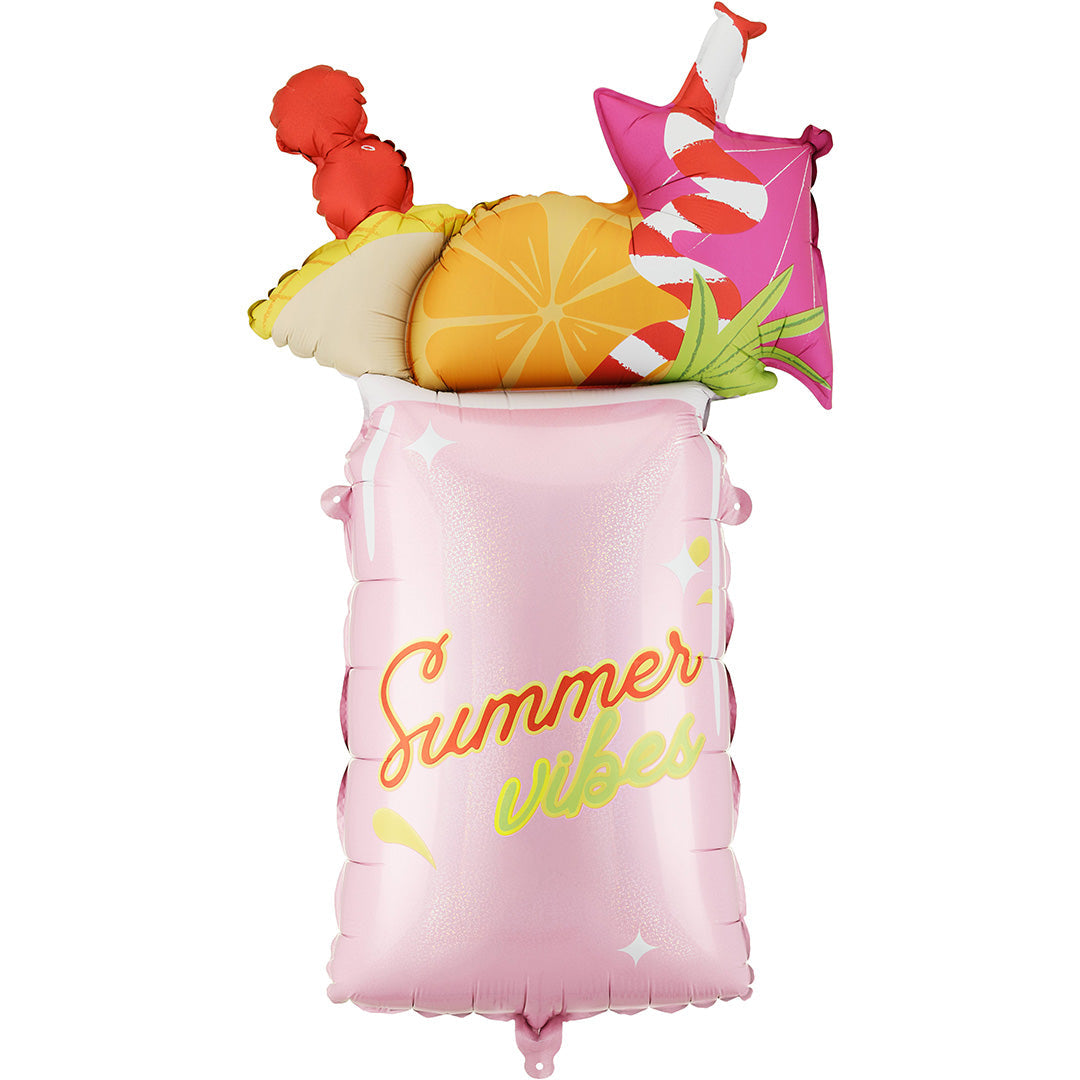 PartyDeco folieballon in de vorm van een roze cocktailglas met fruit en de tekst 'Summer vibes'.