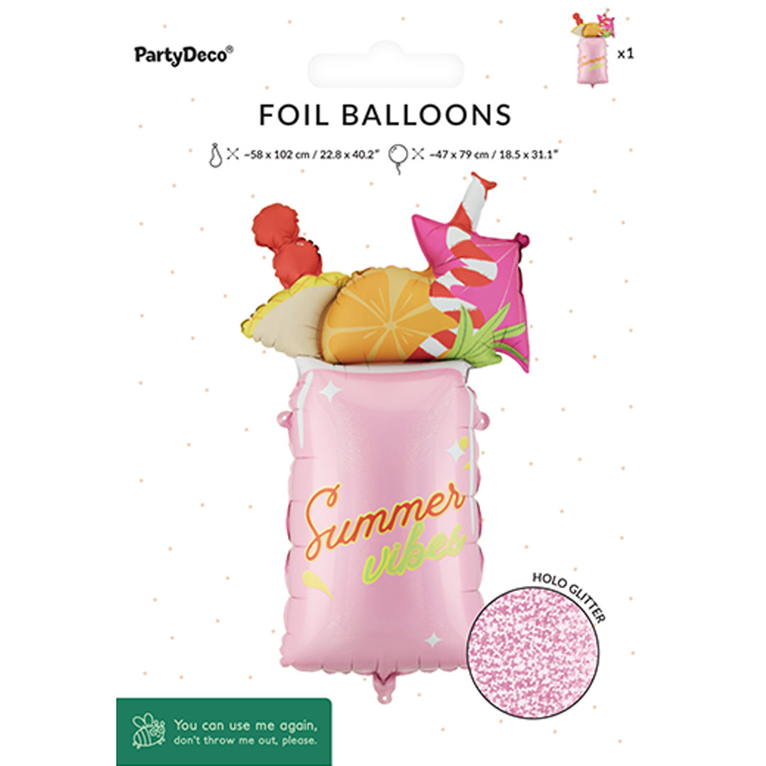 Verpakking van de PartyDeco folieballon in de vorm van een roze cocktailglas met fruit.