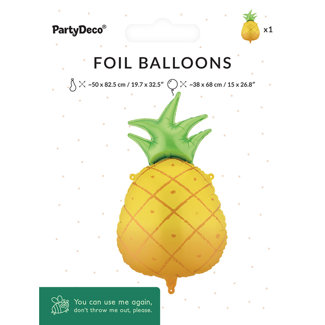 De PartyDeco verpakking van een ananas folieballon met afmetingen en productinformatie.