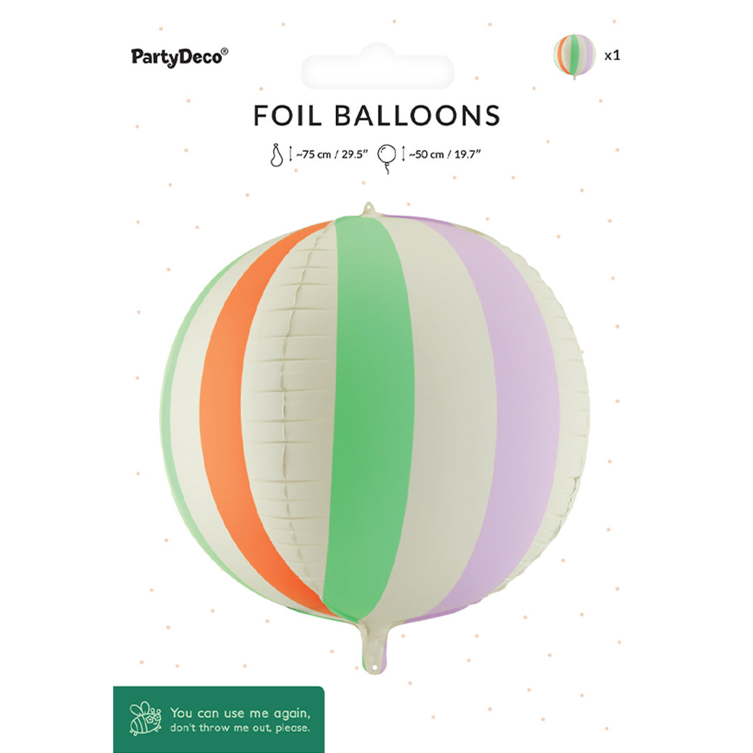 De PartyDeco verpakking van een gestreepte ronde folieballon met productinformatie.