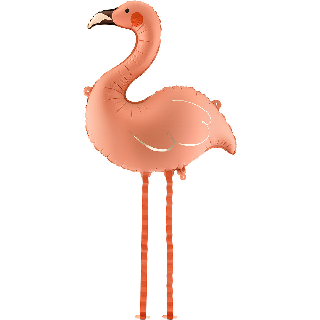 PartyDeco roze folieballon in de vorm van een flamingo met lange poten.