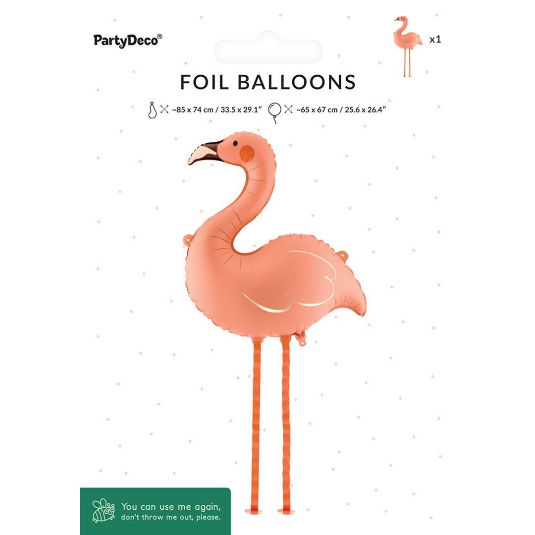 Verpakking van de PartyDeco folieballon in de vorm van een roze flamingo.