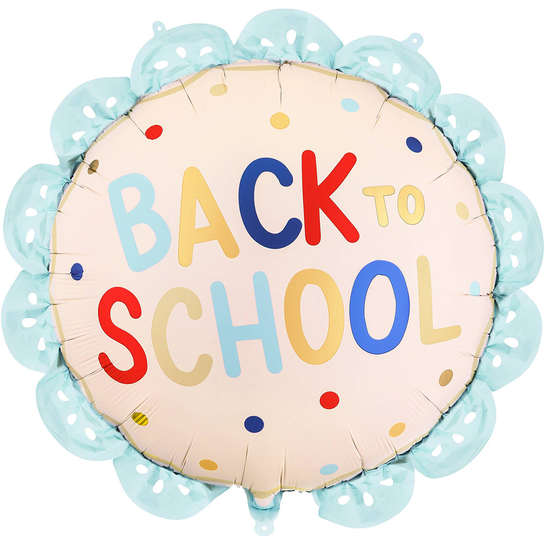 PartyDeco ronde folieballon met de tekst "BACK TO SCHOOL" en een lichtblauwe rand.