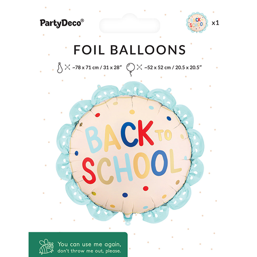 De verpakking van de PartyDeco "BACK TO SCHOOL" folieballon met productinformatie.