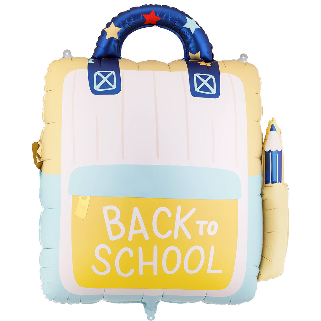 Partydeco folieballon in de vorm van een schoolrugzak met 'Back to School' tekst en sterren.
