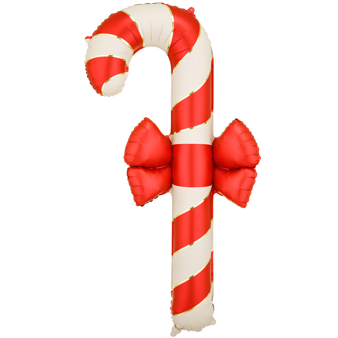 Partydeco folieballon in de vorm van een rood-wit gestreepte zuurstok met een rode strik.