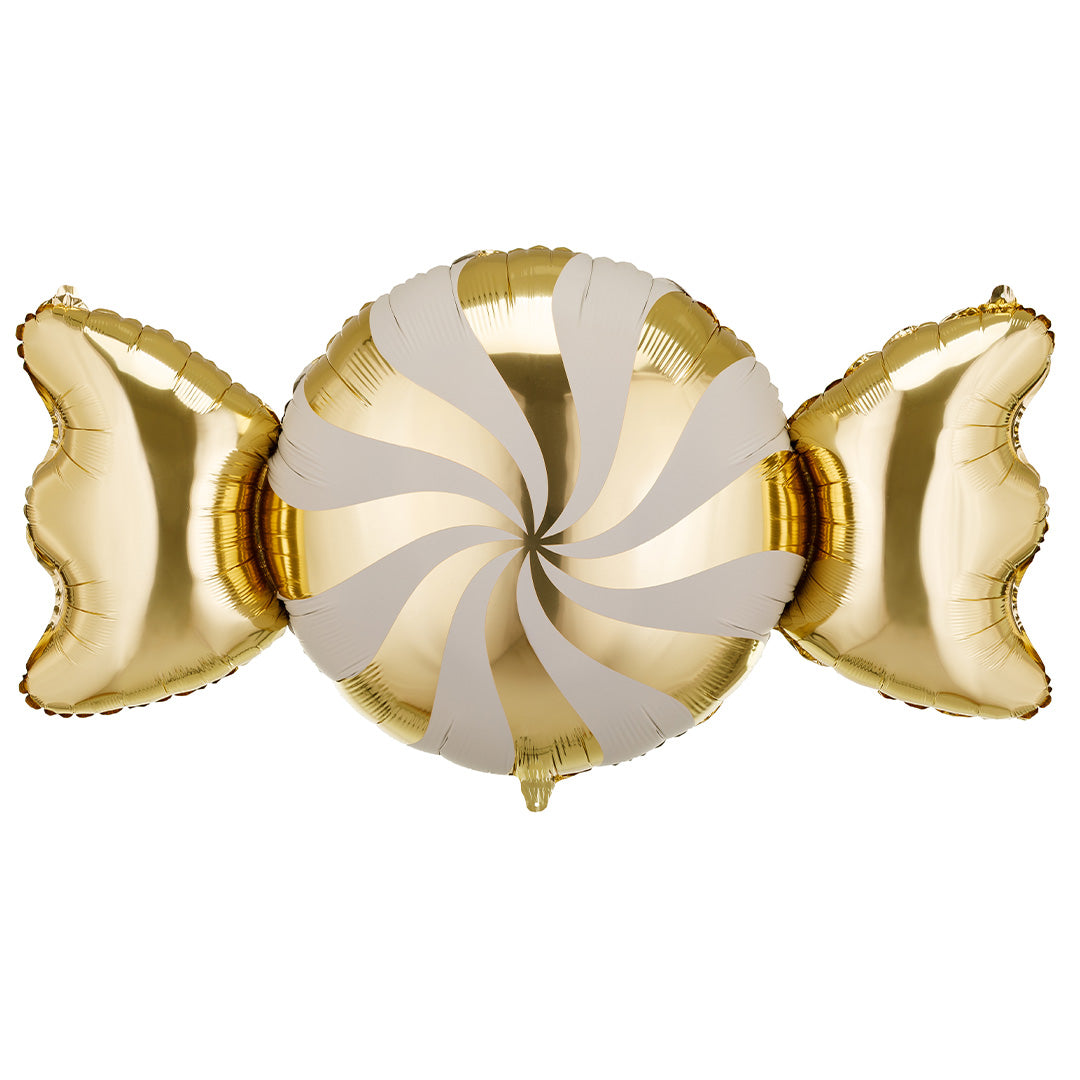 Partydeco folieballon in de vorm van een goud-beige snoepje met een wervelpatroon.