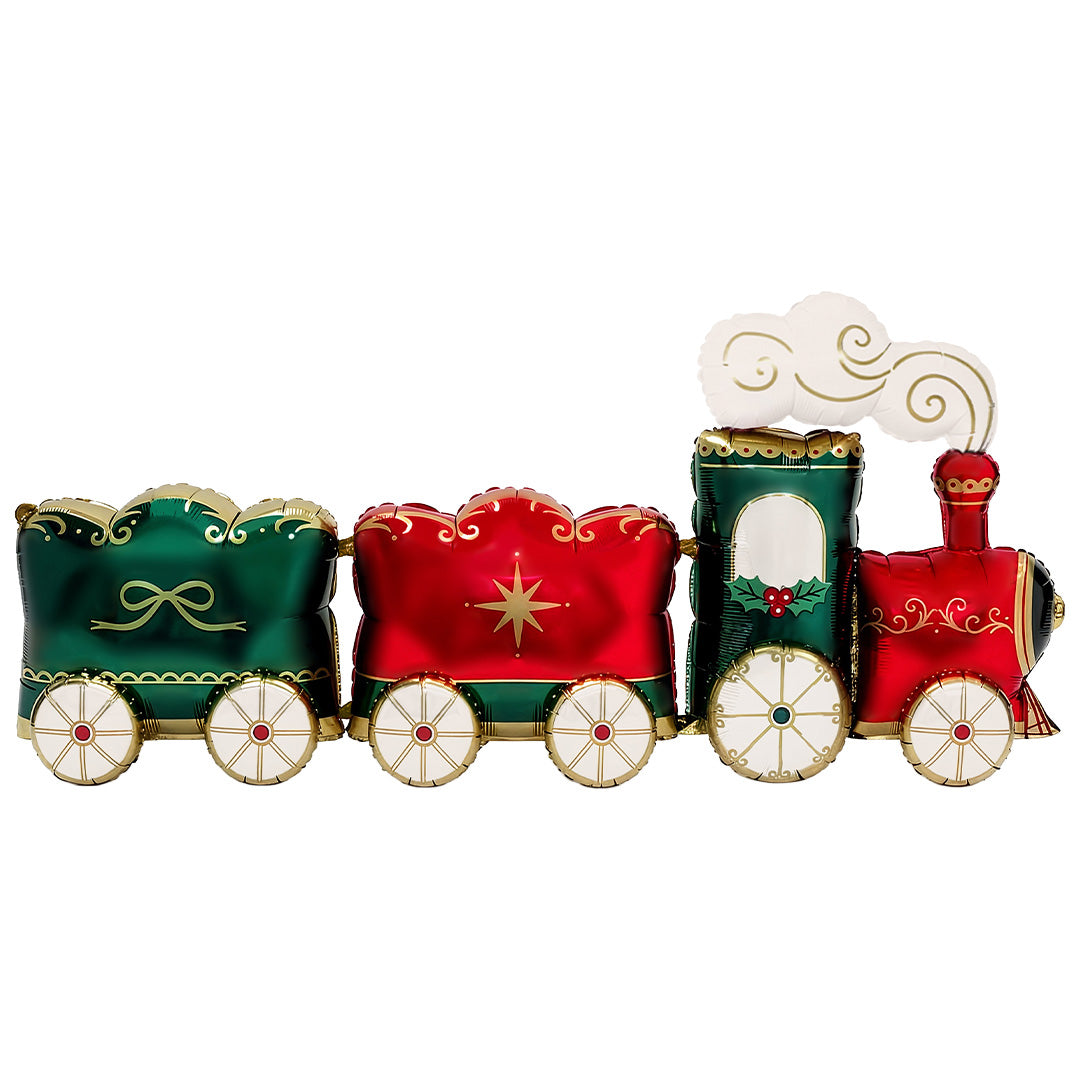 partydeco XXL folieballon kersttrein met rode locomotief en twee versierde wagons tegen een witte achtergrond.