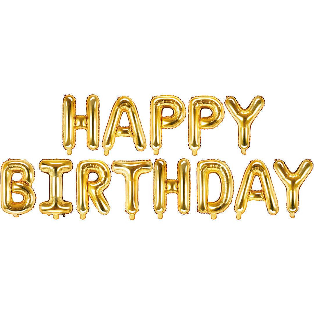 PartyDeco gouden folieballonnen set die 'HAPPY BIRTHDAY' spelt.