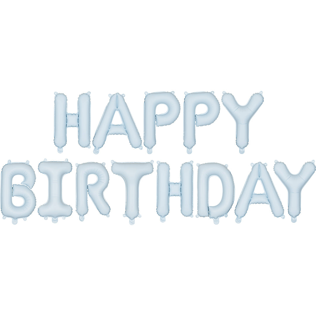 PartyDeco blauwe folieballonnen die 'HAPPY BIRTHDAY' spellen.