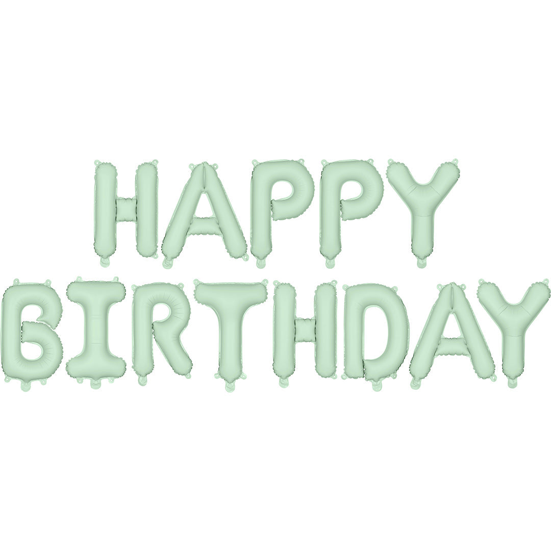 PartyDeco groene folieballonnen die de tekst 'HAPPY BIRTHDAY' vormen.