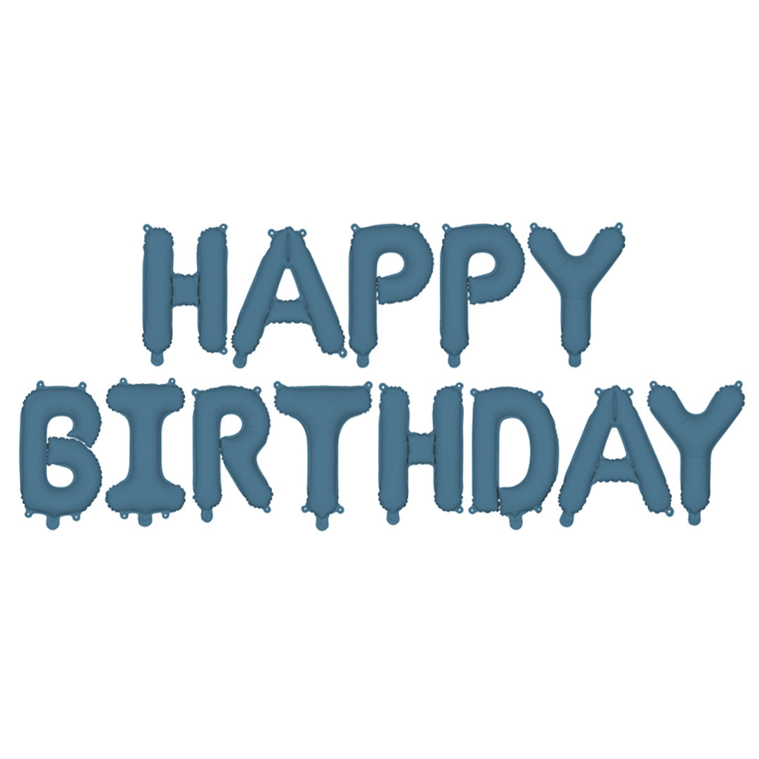 PartyDeco navy blauwe folieballonnen die 'HAPPY BIRTHDAY' spellen.