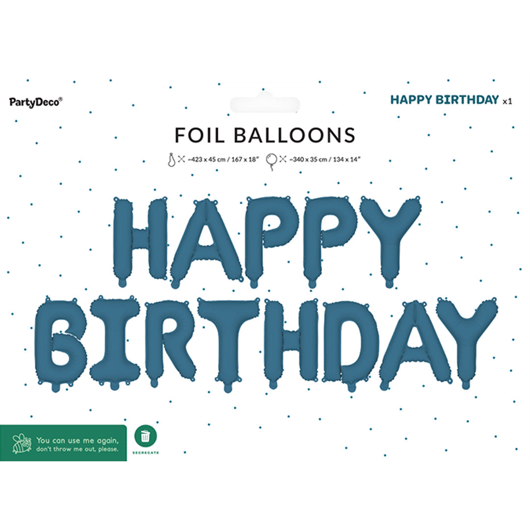 Verpakking van de PartyDeco navy blauwe folieballonnen met 'HAPPY BIRTHDAY' tekst.