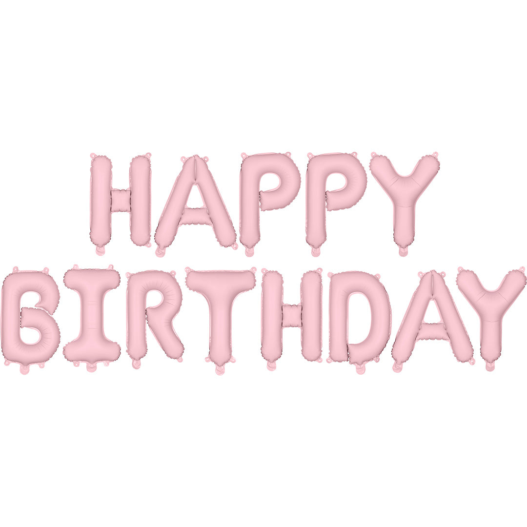 PartyDeco roze folieballonnen die 'HAPPY BIRTHDAY' spellen.
