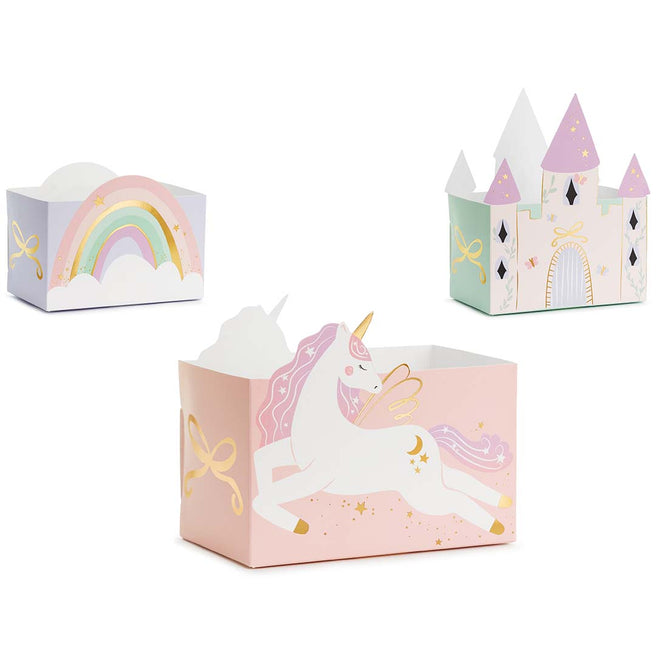Drie PartyDeco snackdoosjes met een regenboog, een kasteel en een eenhoorn op een witte achtergrond.