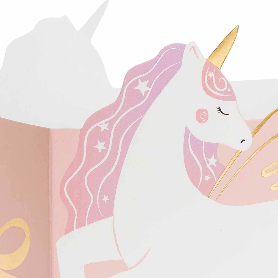 Detail van een PartyDeco snackdoosje met een witte eenhoorn met roze manen en een gouden hoorn.