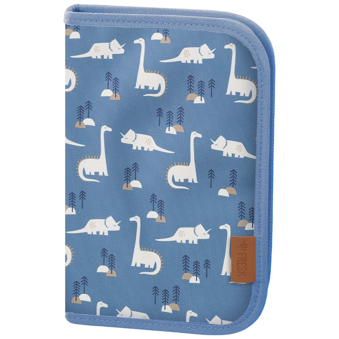 Fresk etui met een blauw dinosauruspatroon.