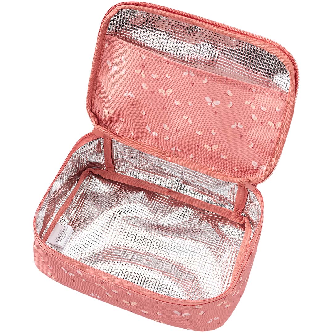 Fresk roze koeltas voor kinderen met vlinderpatroon, open met geïsoleerde binnenkant.