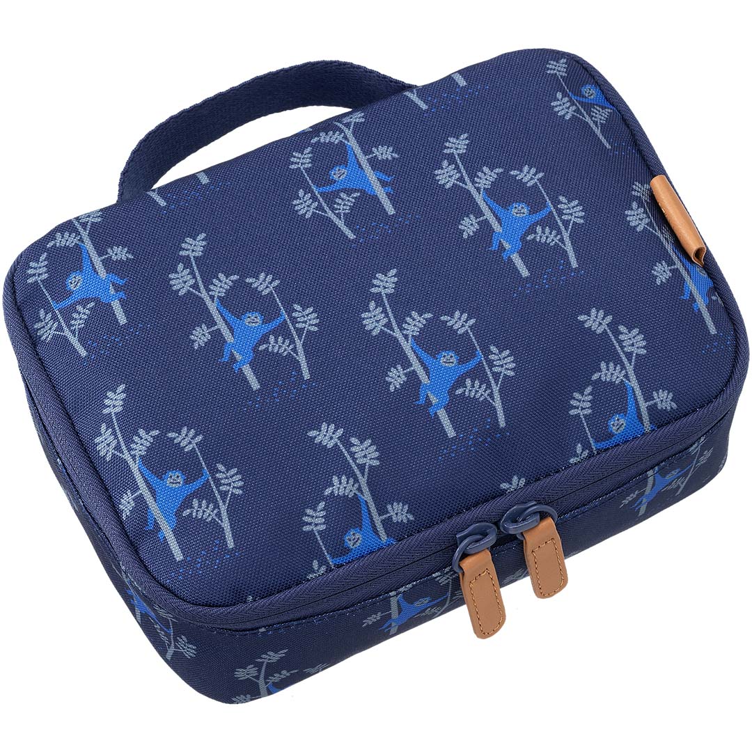 Fresk marineblauwe kinderlunchtas met apen en bladeren patroon.