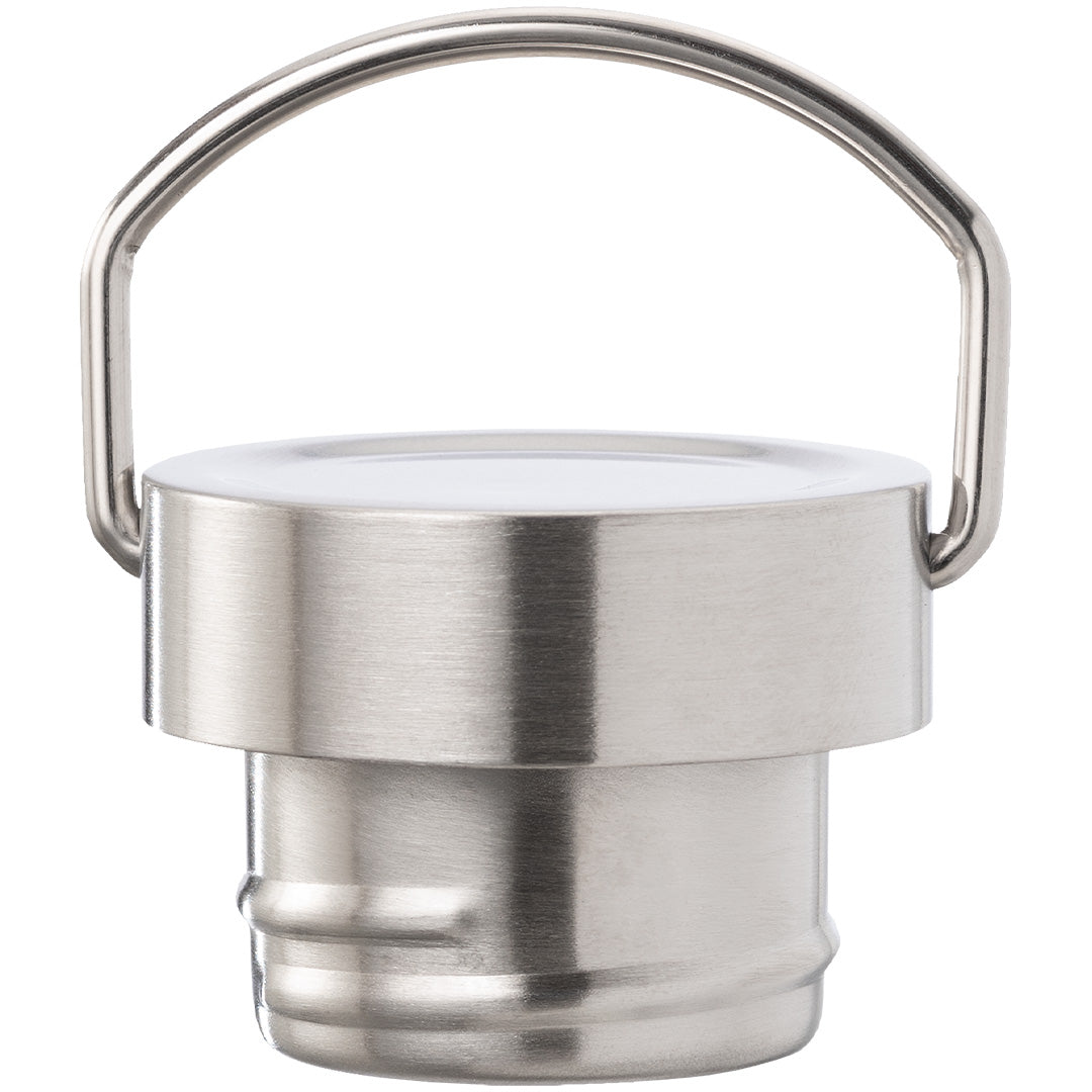 Roestvrijstalen dop met metalen handvat voor een thermosfles.