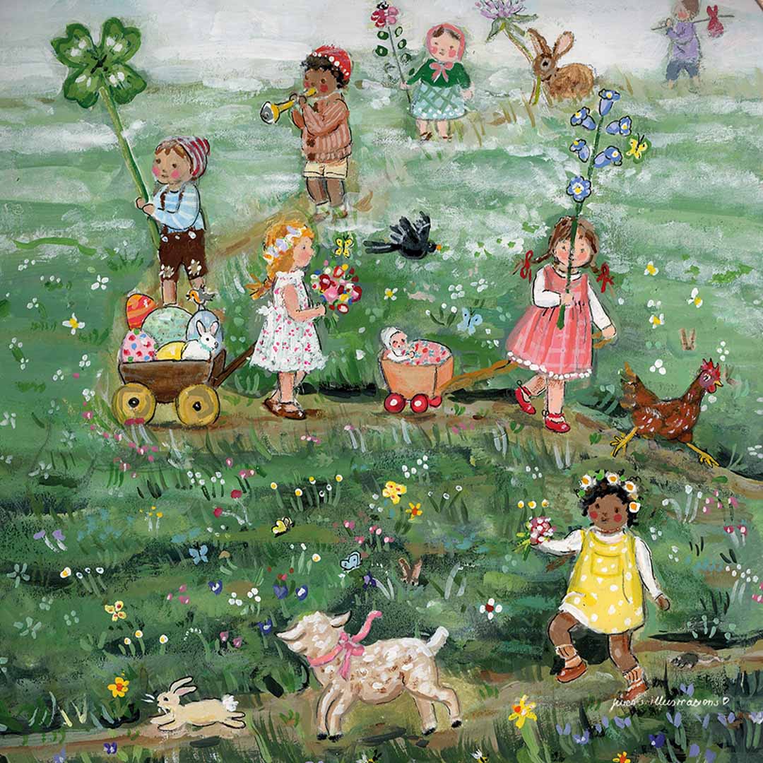 Toverlux toverplaat met een lenteparade illustratie van kinderen en dieren in een bloeiende weide.
