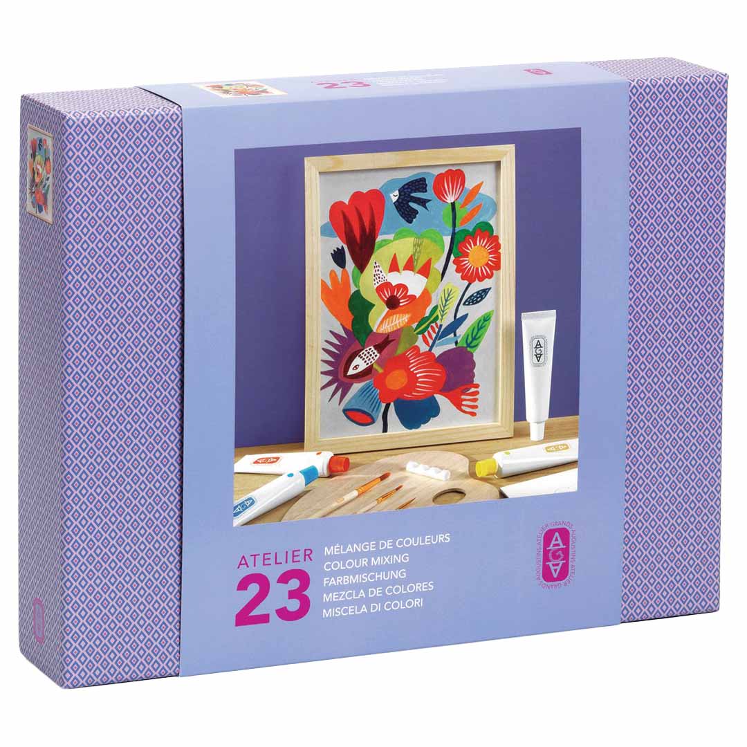 De Djeco knutselset Atelier 23 verpakking met een voorbeeld van een geschilderd bloemen- en vogelmotief.