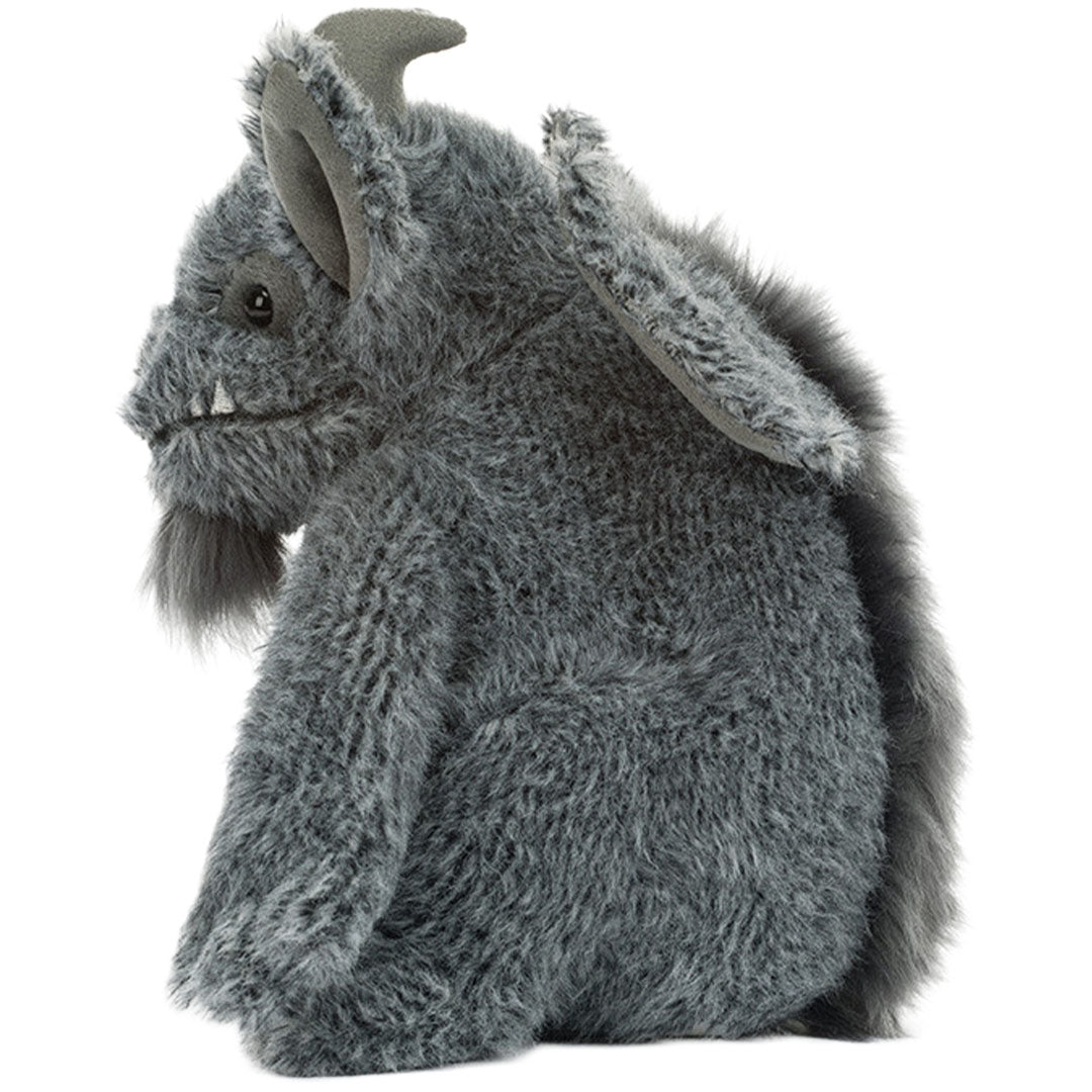 Jellycat grijs pluchen knuffelmonster Growlston Gargoyle van de linkerzijkant.