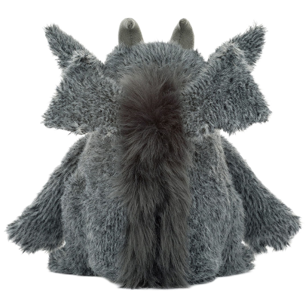 Achteraanzicht van de Jellycat grijs pluchen Growlston Gargoyle knuffel.