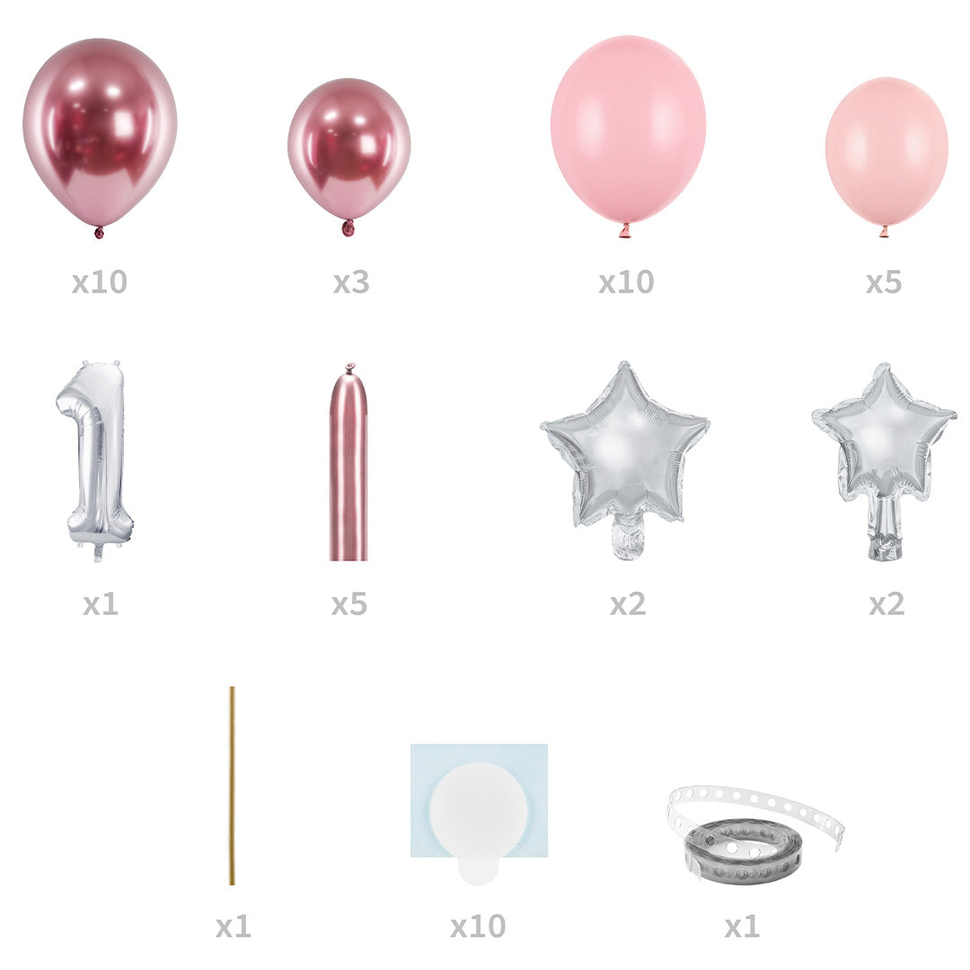 Overzicht van de onderdelen van de Partydeco ballonkit, inclusief roze, roségouden en zilveren ballonnen, en accessoires.