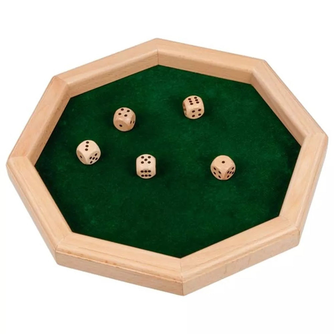 Goki houten dobbelsteenbord met groene viltbodem en vijf houten dobbelstenen.
