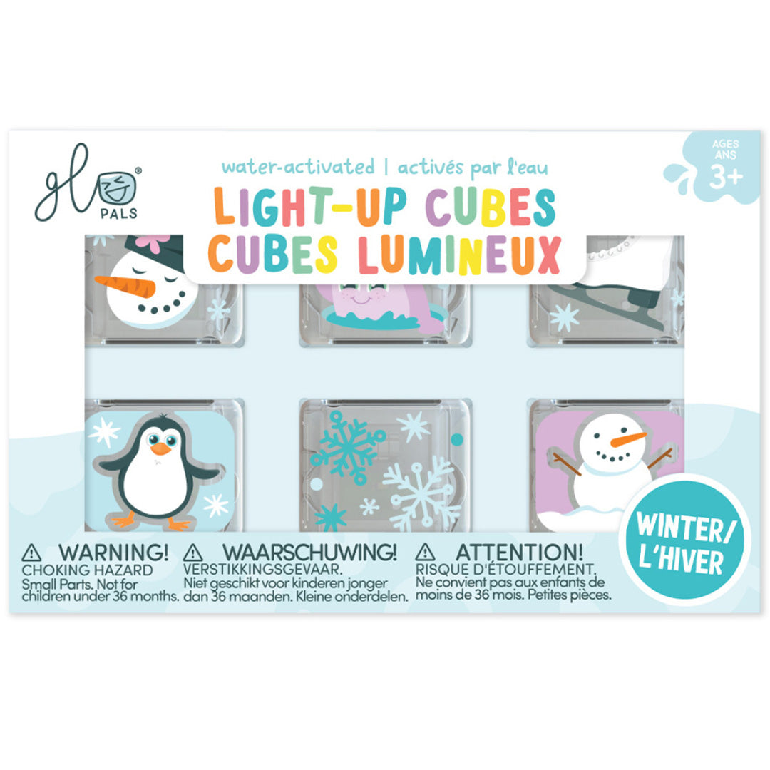Verpakking van de glo pals winter lichtblokjes set met zes watergeactiveerde blokjes met winterfiguren.