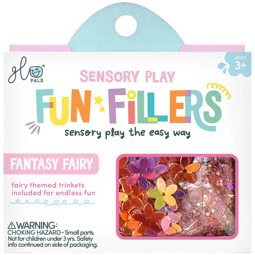 De verpakking van glo pals Fun Fillers Fantasy Fairy sensorisch speelgoed met bloemvormige glitters.