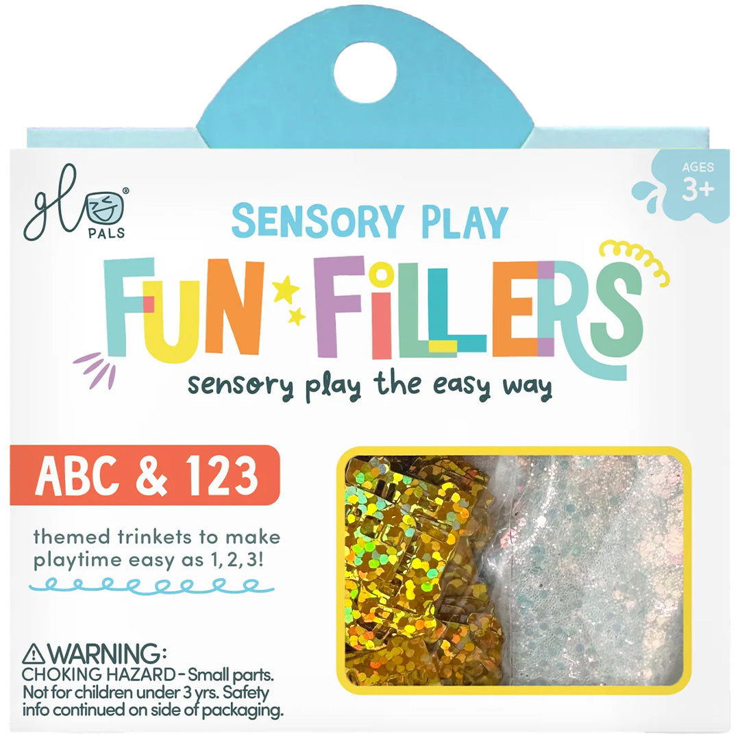 Verpakking van glo pals Fun Fillers ABC & 123 sensorisch speelgoed met gouden en zilveren glitters.