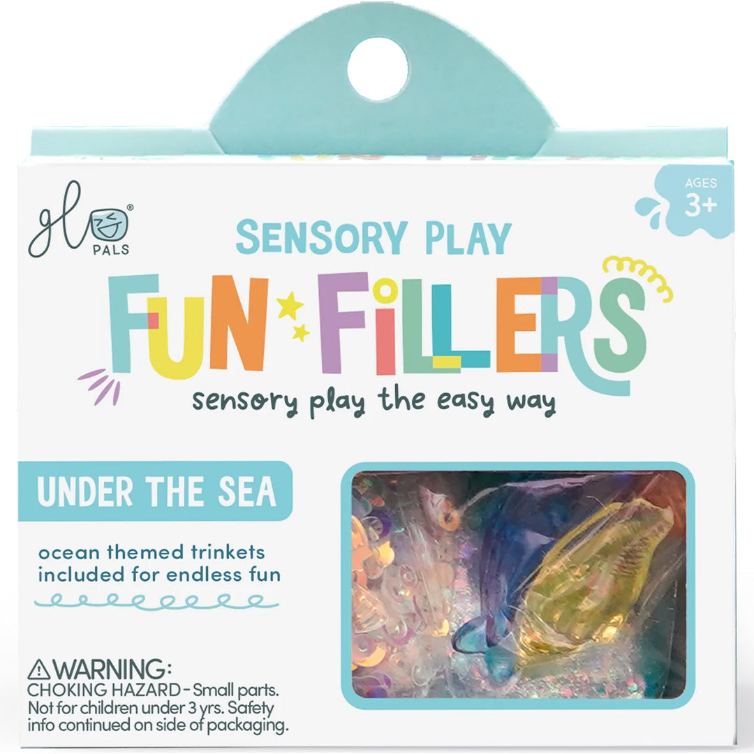 De verpakking van glo pals Fun*Fillers sensorisch speelgoed met een 'Under the Sea' thema, geschikt voor kinderen vanaf 3 jaar.