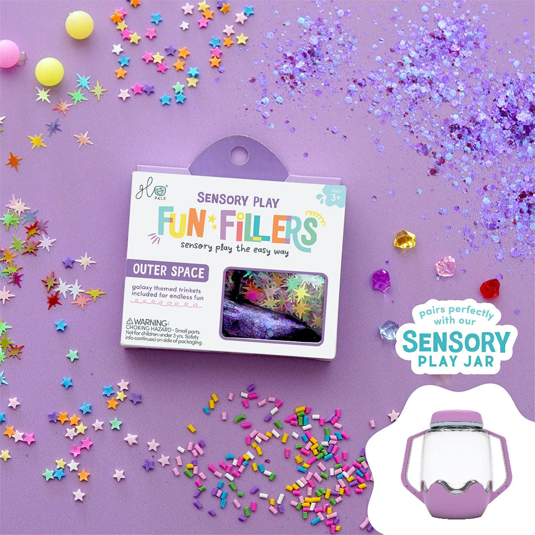 glo pals Fun Fillers sensorisch speelgoed verpakking met losse sterren, glitters en sprinkles op een paarse achtergrond.