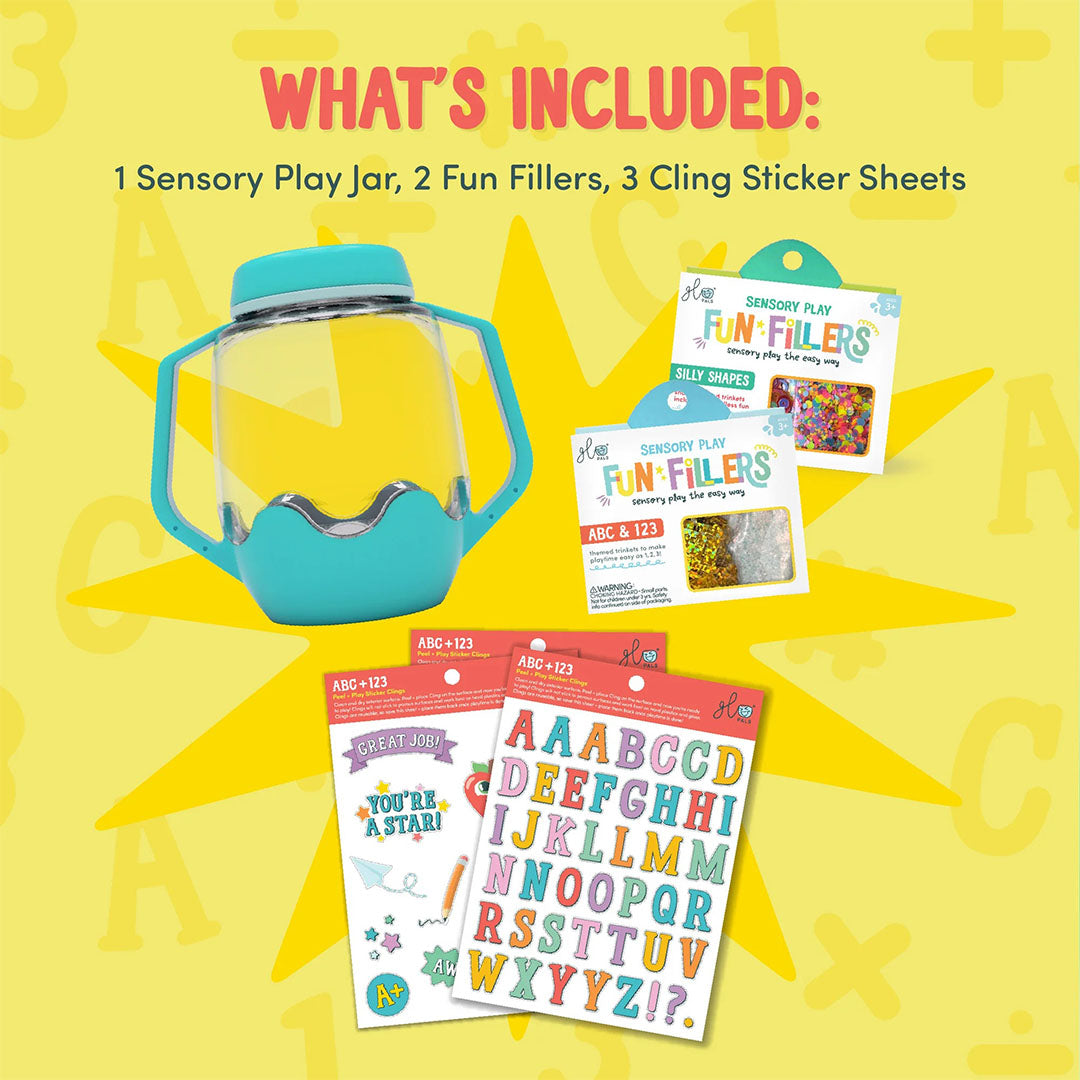 Infographic met de inhoud van de Glo Pals DIY Sensory Play Jar giftset, inclusief de beker, twee "Fun Fillers" en drie stickervellen.