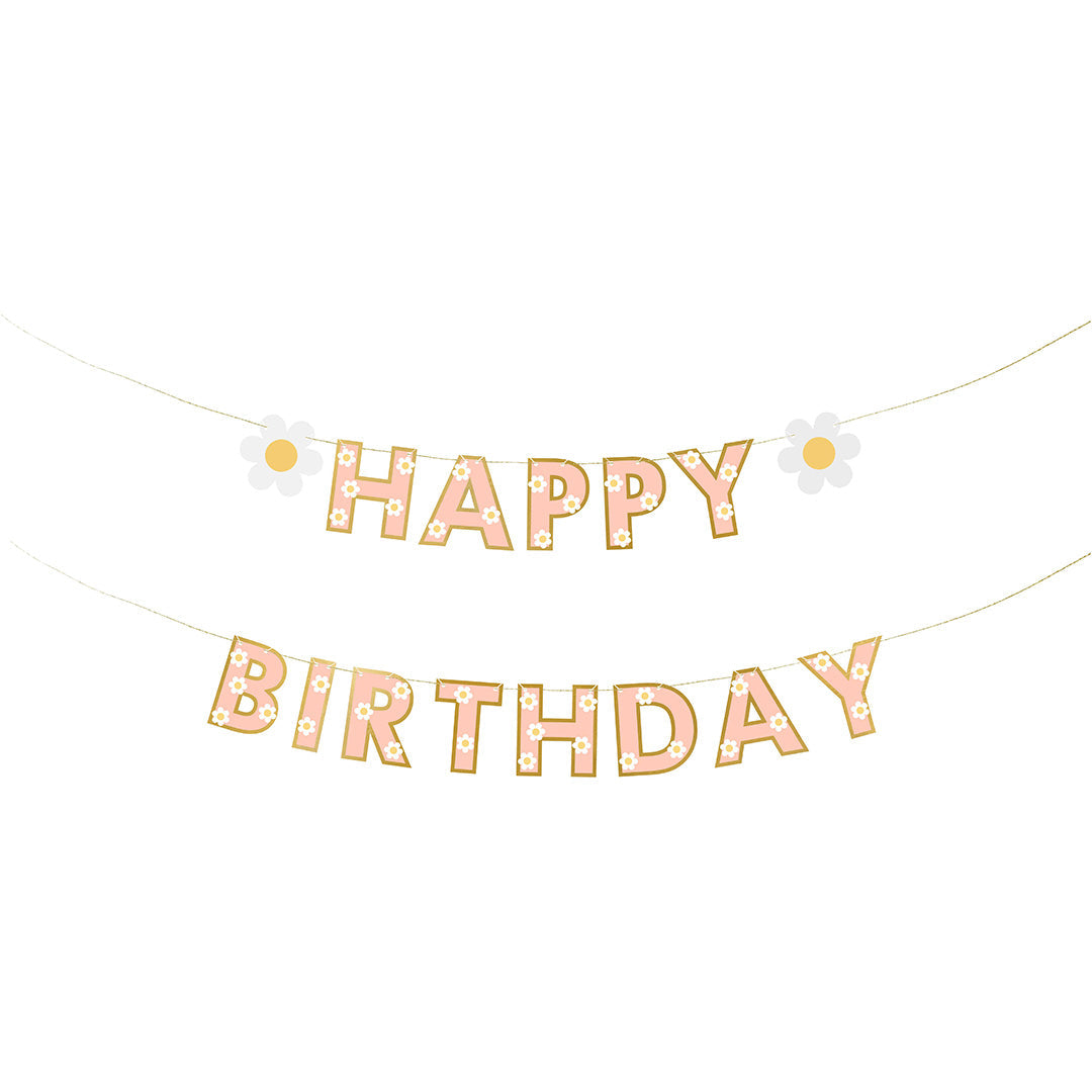 PartyDeco Happy Birthday slinger met roze gebloemde letters en witte madeliefjes.