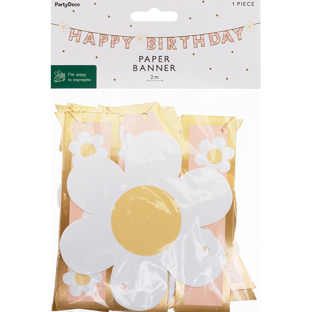 De voorkant van de PartyDeco verpakking voor de Happy Birthday papieren slinger met een grote witte bloem.