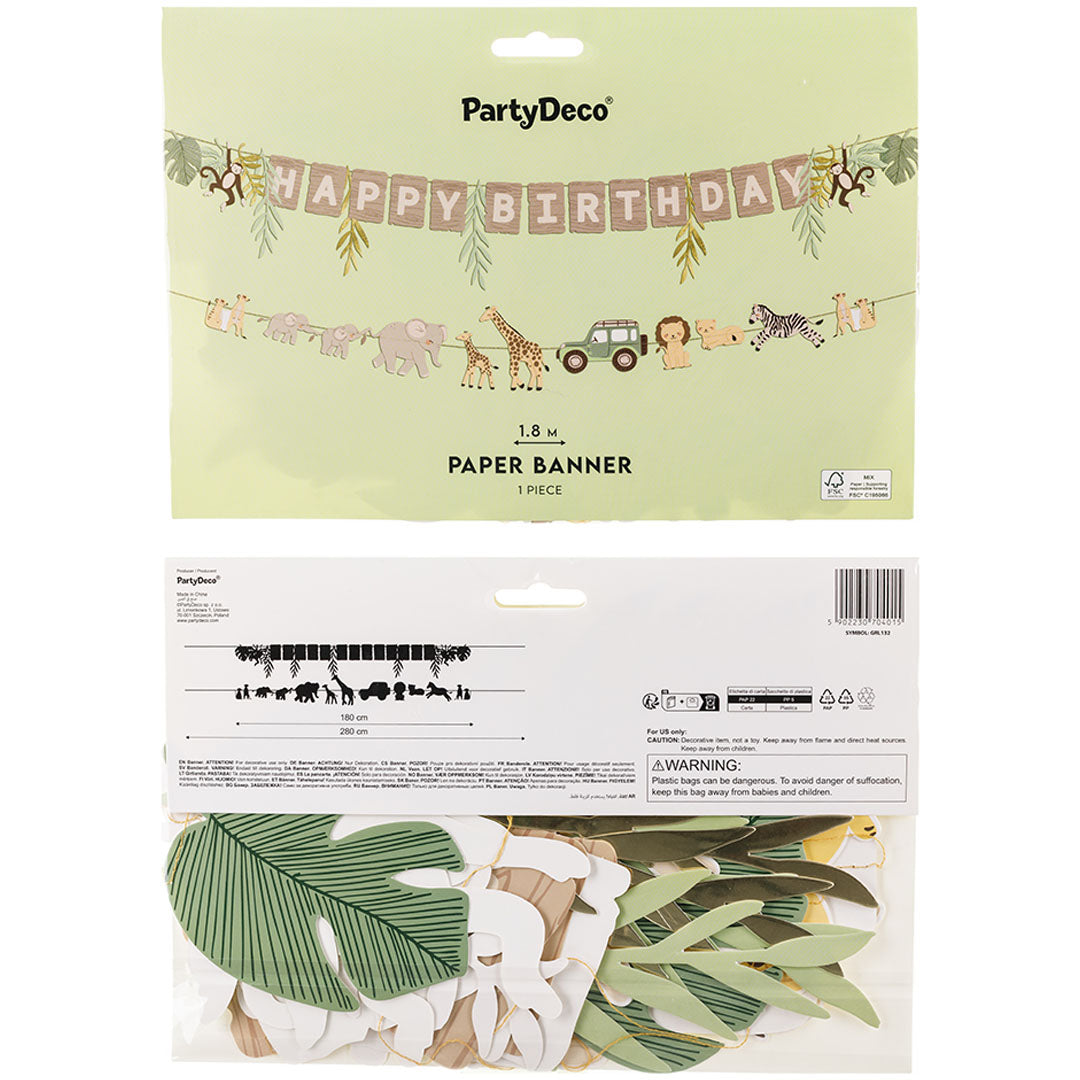 De verpakking van de PartyDeco Happy Birthday safari papieren slinger.