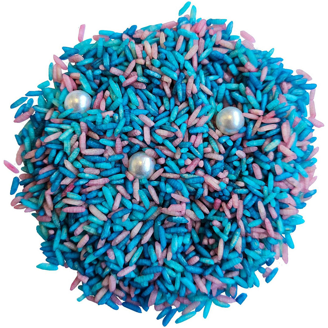 grennn sensorisch speelgoed: een hoopje blauwe en roze zeemeerminnen speelrijst met zilveren parels.